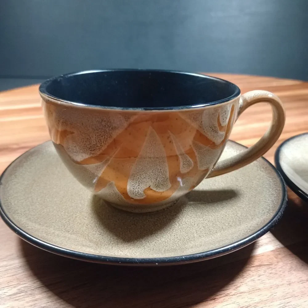 Pier 1 Kioko Stoneware Coffee Tea Mug Cup‎ & Saucer 2 Sets Speckled Hand Painted